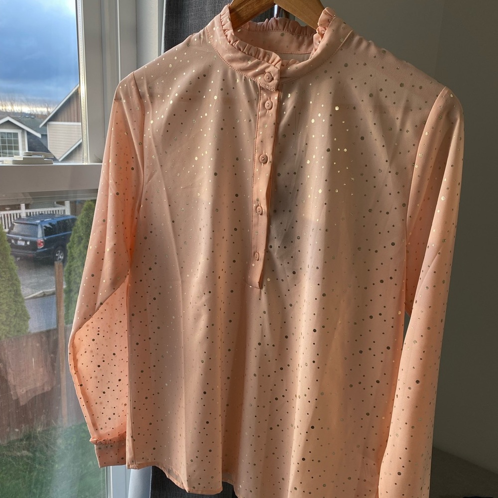 NWT Moves by Minimum Christianne Button Down Ruffle Top Blouse Pink Polka Dot